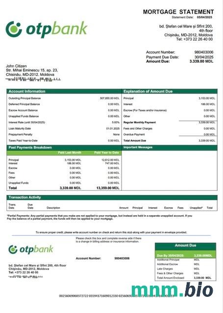 Mołdawia OTP Bank wyciąg z kredytu hipotecznego szablon Word i PDF